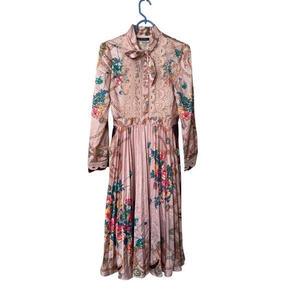 Dalia MacPhee Multicolor Pleated Floral & Chain Print Dress Fully Lined Small - Picture 2 of 10